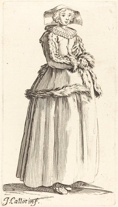 Młoda kobieta z założonymi rękami, zwrócona w prawo autorstwa Israel Henriet after Jacques Callot