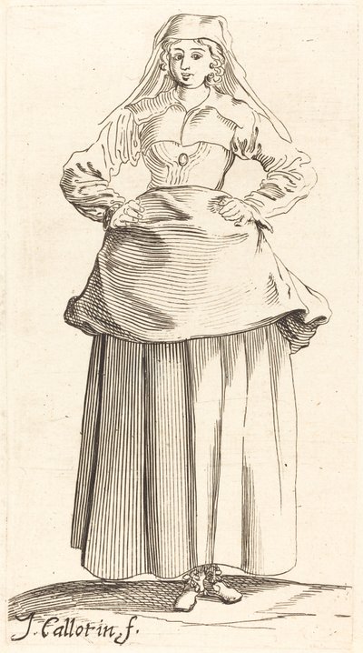 Młoda kobieta z rękami na biodrach, widok z przodu autorstwa Israel Henriet after Jacques Callot