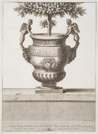 Urny z brązu używane do drzewek cytrusowych, ilustracja z „Widoków i planów wersalskich”, Paryż, ok. 1664-89 (rycina) autorstwa Israel the Younger (after) Silvestre