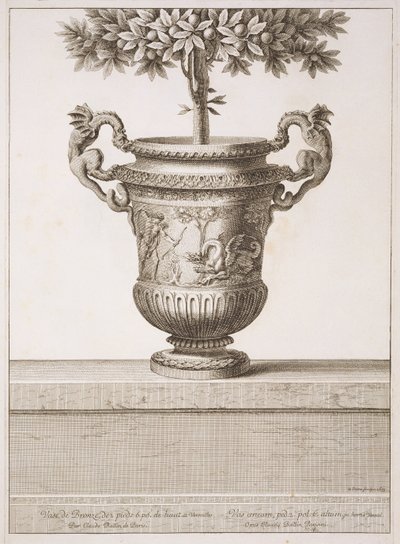 Urny z brązu używane do drzewek cytrusowych, ilustracja z „Widoków i planów wersalskich”, Paryż, ok. 1664-89 (rycina) autorstwa Israel the Younger (after) Silvestre