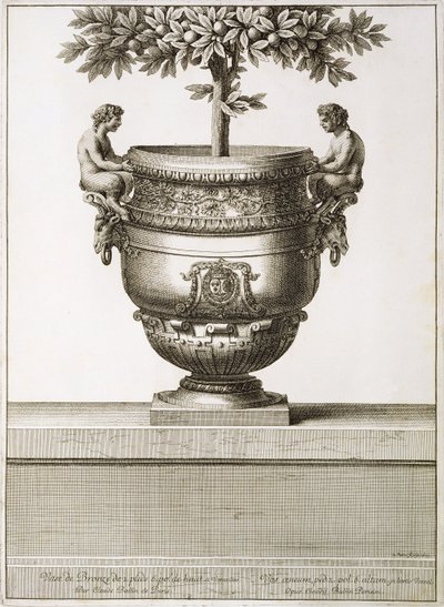 Urny z brązu używane do drzewek cytrusowych, ilustracja z „Widoków i planów wersalskich”, Paryż, ok. 1664-89 (rycina) autorstwa Israel the Younger (after) Silvestre