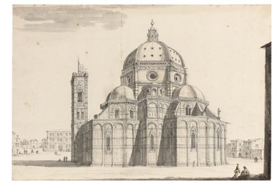Duomo i Campanile, Florencja (czarna kreda, długopis i szary tusz, brązowe i szare pranie na papierze ze znakiem wodnym) autorstwa Israel the Younger Silvestre