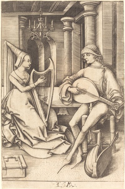 Grający na lutni i harfiarz, c. 14951503. autorstwa Israhel van Meckenem