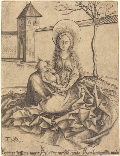 Dziewica z Dzieciątkiem na dziedzińcu autorstwa Israhel van Meckenem after Martin Schongauer