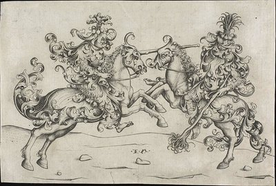 Walka dwóch dzikich mężczyzn na koniach autorstwa Israhel van Meckenem the younger