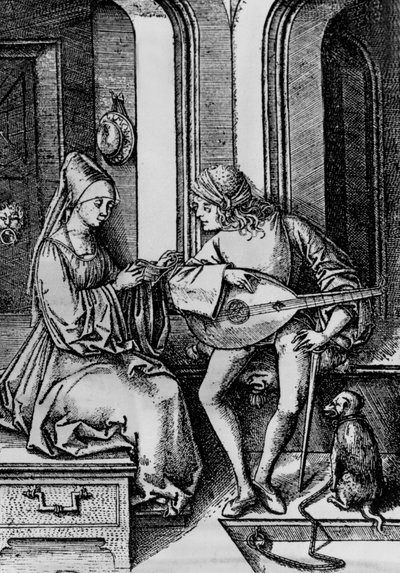 Kobieta śpiewa, podczas gdy mężczyzna gra na lutni (rycina) autorstwa Israhel van the younger Meckenem