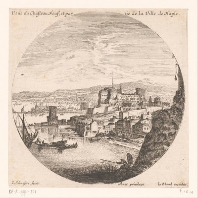 Widok na Castel Nuovo Veue du Chasteau neuf et partie de la Ville de Naples (tytuł obiektu) Różne widoki portów morskich (tytuł serii) Różne veues de Ports de mer (tytuł serii) autorstwa Israël Silvestre
