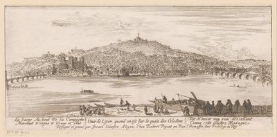 Widok na Lyon z banku przy klasztorze celestynów Veue de Lyon quand on est sur les quais des Celestins (tytuł na obiekcie) autorstwa Israël Silvestre