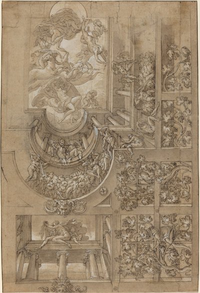 Iluzjonistyczny sufit z altaną na winogrona, postaciami ustawionymi na galeriach i centralną sceną bogów olimpijskich autorstwa Italian 16th Century