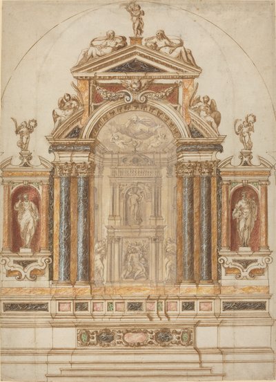 Misterny ołtarz z kolorowego marmuru ozdobiony rzeźbami autorstwa Italian 17th Century