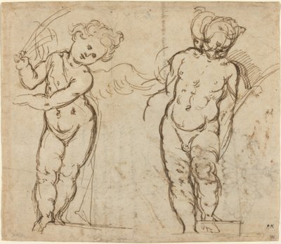 Dwa stojące Putti [odbyt] autorstwa Italian 17th Century