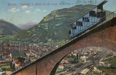 Bolzano - kolejka linowa i widok na miasto. Pocztówka wysłana w 1913 roku. autorstwa Italian Photographer