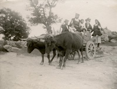 Rodzina na wozie ciągniętym przez woły, Sardynia, Włochy, ok. 1910 r. autorstwa Italian Photographer