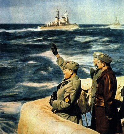Podróż Mussoliniego do Libii. Duce dokonuje przeglądu włoskiej floty. 1926. Fotografia kolorowa. autorstwa Italian Photographer