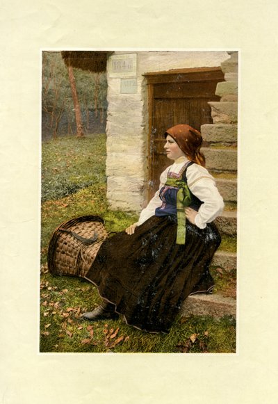 Kobieta w tradycyjnym stroju z dużym koszem na ziemi obok niej, Sabbia, Piemont, zdjęcie autorstwa V M autorstwa Italian Photographer