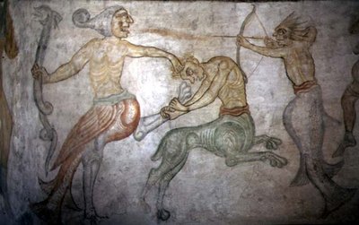Bitwa między satyrami a innymi mitologicznymi stworzeniami (fresk) autorstwa Italian School
