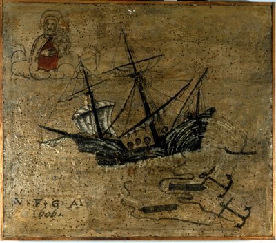 Galeon rzuca kotwice i dwa działa, które można wystrzelić podczas burzy. Ex voto de 1610 del l