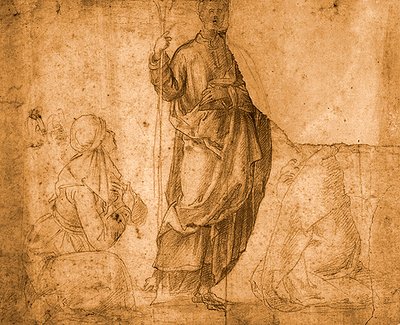 Święta z dwiema klęczącymi kobietami (czerwona kreda na papierze) autorstwa Italian School