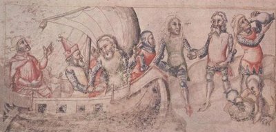 Dodaj 15477 fol.2v Jason wyrusza w swoją podróż z „Liber de Casu et Ruina Trojae” Guido de Columnis (wellum) autorstwa Italian School