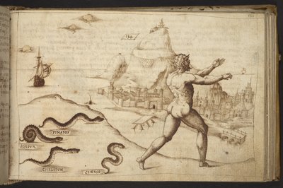 Dodać. 82955, f.133   Węże ścigające ludzką postać.  , z Historii Animalium, (składający się z 245 rysunków wykonanych piórem i atramentem różnych gatunków zwierząt i mitycznych stworzeń, każdy opatrzony opisem.)    1595 autorstwa Italian School