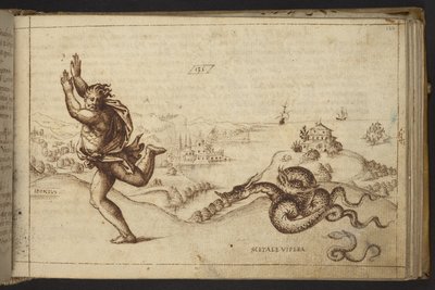 Dodać. 82955, f.134 Postać ludzka ścigana przez węże., z Historia Animalium autorstwa Italian School
