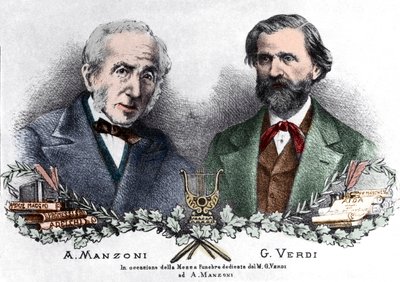 Alessandro Manzoni i Giuseppe Verdi z okazji Messa da Requiem (kolorowy grawerunek) autorstwa Italian School
