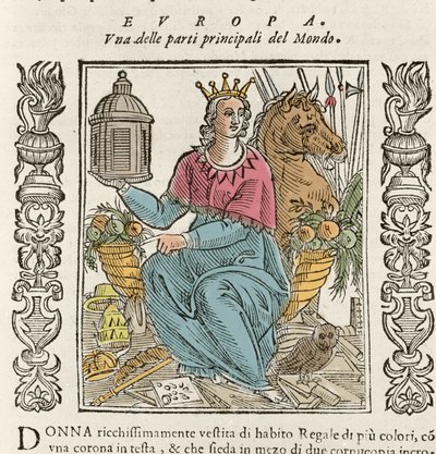 Alegoria Europy w postaci bogato ubranej kobiety, ukoronowanej, otoczonej rogami obfitości. Talerz zaczerpnięty z „Ikonologii” Cesare Ripy (1550 ok. 1622) autorstwa Italian School