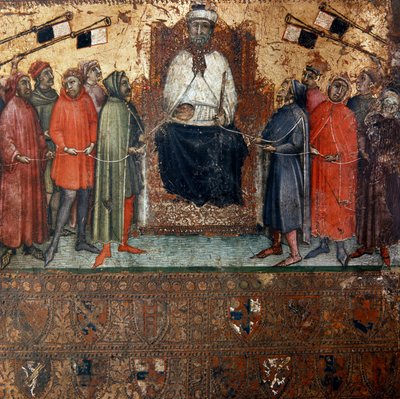 Alegoria rządu miasta Siena otoczona przez obywateli, którzy są symbolicznie związani z nim sznurem Anonimowy obraz na drewnie Biccherny (okładka rejestru księgowego miasta Siena) 1385. Siena Archivio di Stato, Włochy autorstwa Italian School