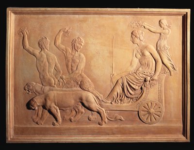 Panel z włoskiej terakoty przedstawiający Triumf Ariadny, pokazany na rydwanie pantery Bachusa, na którym patrzą Silenus i Pan, ok. 1870 r. autorstwa Italian School