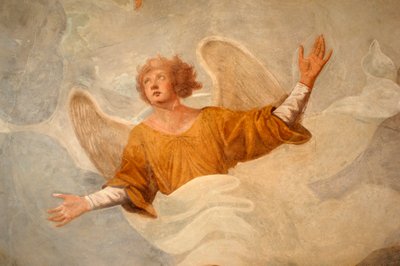 Anioł, detal ze sceny z życia św. Jana (XVII w.), fresk, wczesnochrześcijańskie baptysterium, portyk katedry w Novarze, Piemont, Włochy autorstwa Italian School