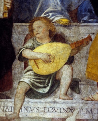 Anioł muzyk grający na lutni. Fragment fresku z XVII wieku z kościoła w Mediolanie. autorstwa Italian School