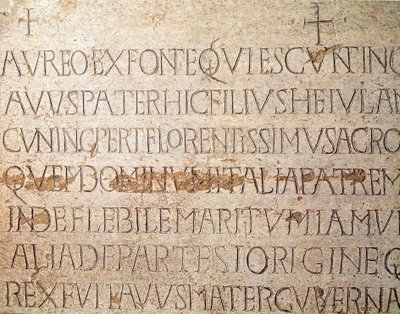Archeologia średniowiecza (średniowiecze). Sztuka barbarzyńska Lombardii: nagrobek lombardzkiego króla Cuniperta, zwanego Pobożnym (Cuniperto, 678-700). Sztuka Lombardzka. Pawia, Muzeum Miejskie, Sekcja Archeologiczna (Pawia, Musei Civici, Sezione Archeolo autorstwa Italian School