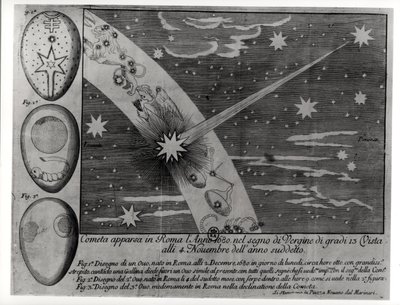 Schemat astrologiczny komety, która pojawiła się w Rzymie w okresie Panny i pozostała widoczna do listopada 1680 r. autorstwa Italian School