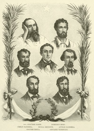 Avv Anacarsi Nardi, Domenico Moro, Emilio Bandiera, Nicola Ricciotti, Attilio Bandiera, Giacomo Rocca, Giovanni Venerucci (grafika) autorstwa Italian School