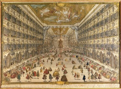 Bal na cześć narodzin arcyksięcia Pietro Leopoldo Austrii w Teatrze Książęcym w Mediolanie w dniu 28 maja 1747 r. (kolor grawerowany) autorstwa Italian School