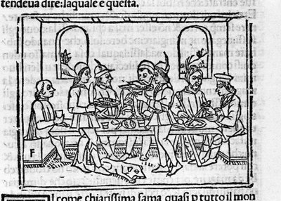 Scena bankietowa w obecności członków szlachty florenckiej. Ilustracja do „Dekameronu” autorstwa Giovanniego Boccaccio dit Jean Boccace (1313-1375), włoskiego pisarza. Grawerowanie w „”Dekamerone ouer Cento nouelle””Wenecja, Bartolomeo de 