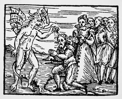 Chrzest przez diabła, kopia ilustracji z Compendium Maleficarum ks. M. Guaccius, Mediolan 1608, wykorzystana w Historii magii, wydana pod koniec XIX wieku autorstwa Italian School