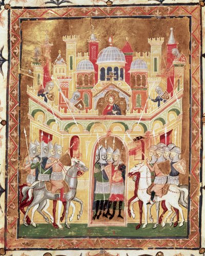 Scena bitwy pod murami Jerozolimy, z Descriptio Terrae Sanctae Burcardusa Theutonicusa lub Burcharda z Góry Sion autorstwa Italian School