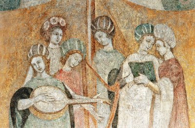 Bicocca degli Arcimboldi: fresk z XV wieku, detal przedstawiający kobiety grające muzykę (fresk) autorstwa Italian School