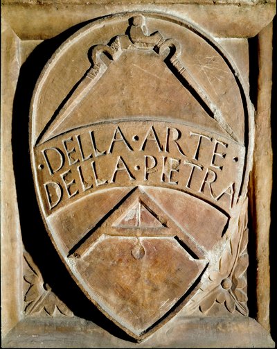 Blazon zgromadzenia kamieniarzy. Przedstawiono kompas i kwadrat. Siena z XIV wieku, Biblioteca degli Intronati autorstwa Italian School