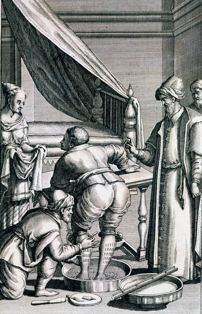 Upuszczanie krwi w nogach, z Medicina Aegyptiorum przez Prospero Alpini, opublikowane 1745 autorstwa Italian School