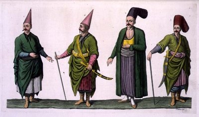 Bostandji, Khasseki i inne przykłady stroju osmańskiego, tablica 5 z części III tomu I „Historii Narodów”, sztych. V. Raineri (akwatinta) autorstwa Italian School