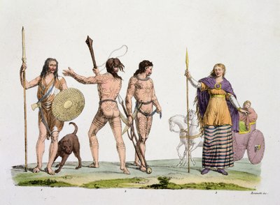 Brytyjczycy, Kaledończycy i królowa Boadicea, tablica 4 z Historii Narodów (akwatinta) autorstwa Italian School