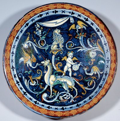 Fajansowy kubek Cafaggiolo zdobi fantastyczne zwierzęta. 1510-1520 Paryż, Luwr autorstwa Italian School