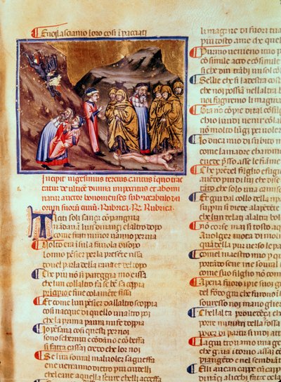 Canto XXIII Dante i Wergiliusz w kręgu hipokrytów, z Kajfaszem ukrzyżowanym na ziemi, z Boskiej Komedii (Piekło), ok. 1313 autorstwa Italian School