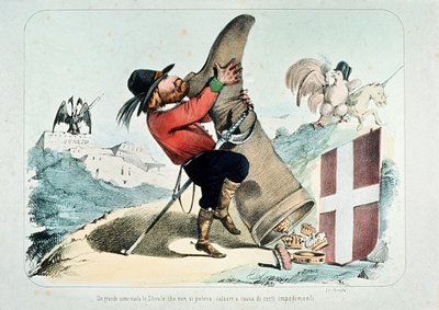 Karykatura Giuseppe Garibaldiego opróżniającego but (Włochy) pełen koron, autor: Litografia Perrotta autorstwa Italian School