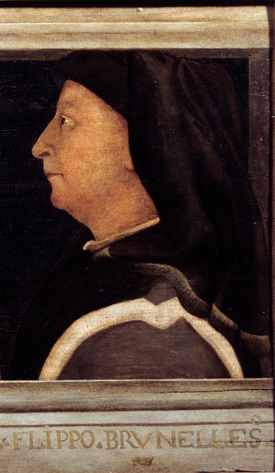 Cassone z 5 portretami mistrza florenckiego renesansu detalu z portretem Brunelleschiego Filippo (1377-1446). Szkoła włoska XVI wieku. Poniższy napis prawdopodobnie jest kolejny. Muzeum Luwru w Paryżu. autorstwa Italian School