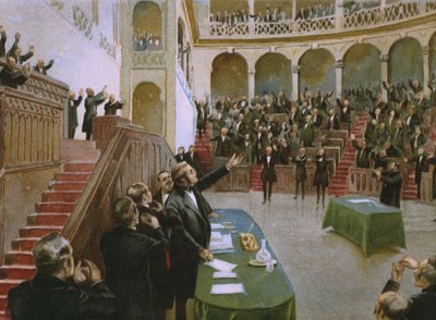Cavour sprawia, że pierwszy włoski parlament narodowy oklaskiwa króla Wiktora Emanuela II (1820-78) 18 lutego 1861 roku, ilustracja z albumu poświęconego historii Risorgimento wykonanego dla czekolady autorstwa Italian School