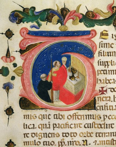 Celebracja Eucharystii, z Mariegoli świeckiego cechu św. Hieronima, ok. 1400 (atrament i złoto płatkowe na welinie) autorstwa Italian School