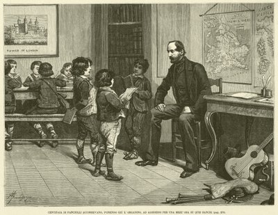 Setki dzieci biegających, kładących narządy, by usiąść na pół godziny na tych ławkach (grawerowanie) autorstwa Italian School